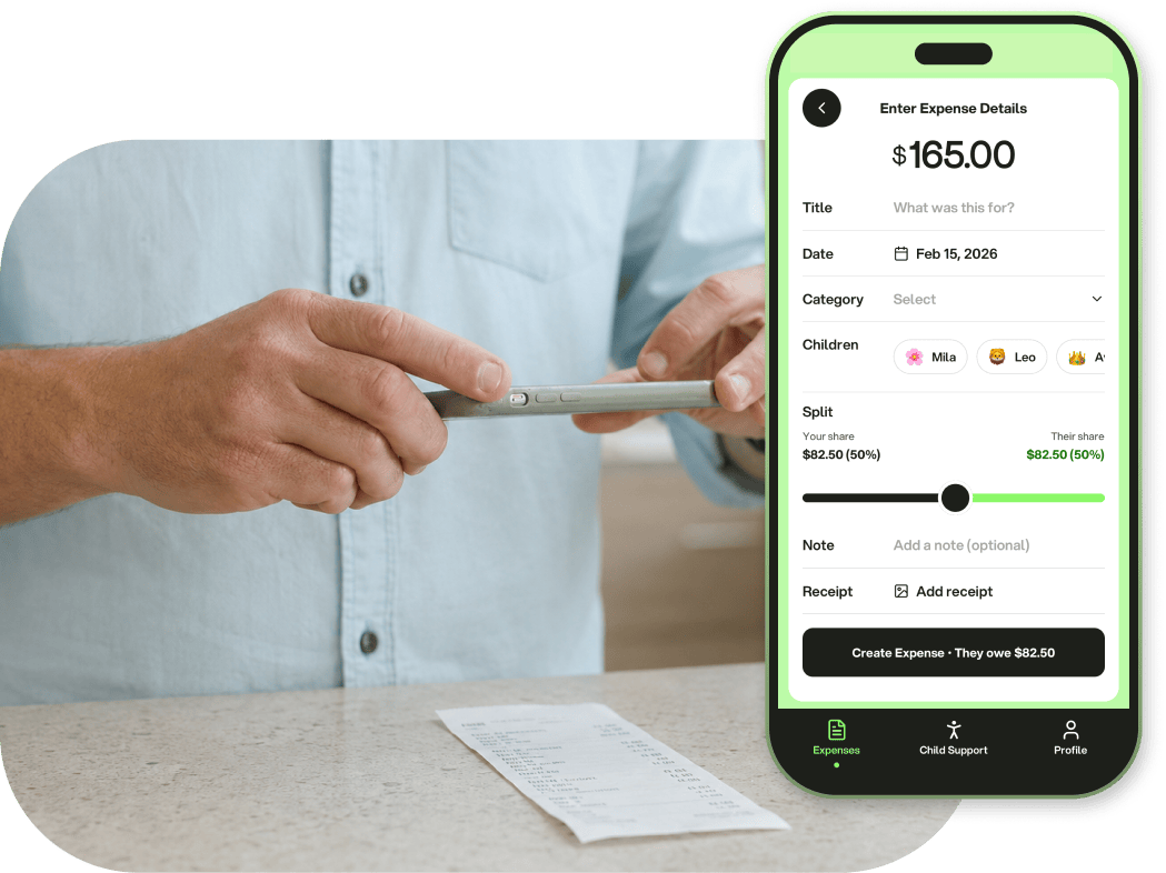 Parent photographing a receipt beside the CoBalance enter expense screen