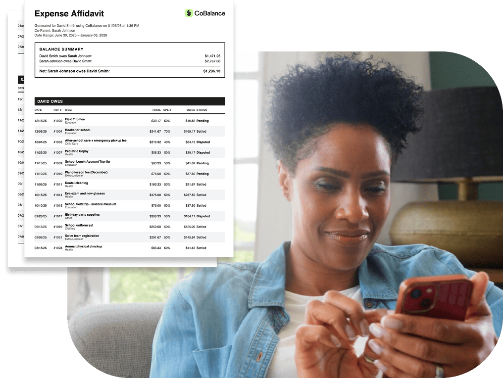 CoBalance PDF expense report beside a parent reviewing finances on her phone