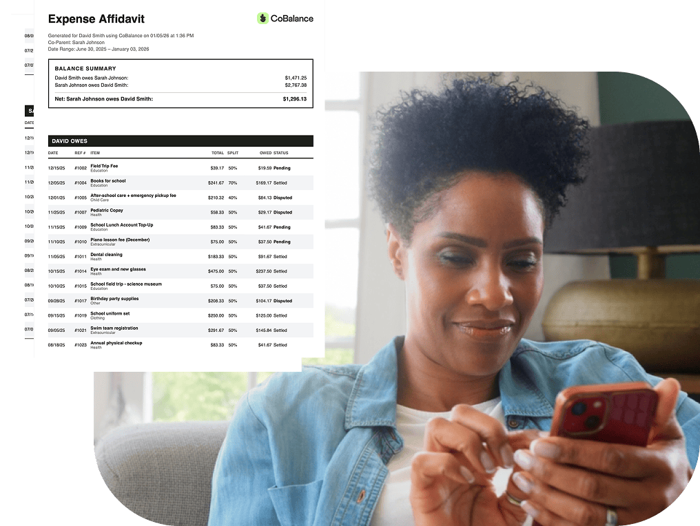 CoBalance PDF expense report beside a parent reviewing finances on her phone