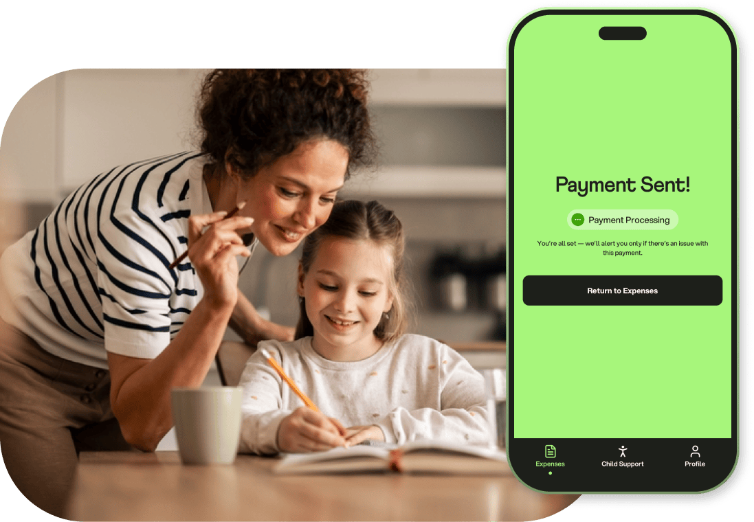 Parent and child at home beside the CoBalance payment sent confirmation screen