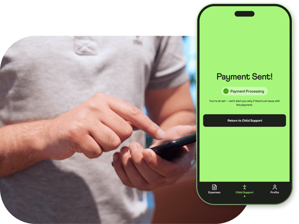 Parent using a phone beside the CoBalance child support payment sent screen