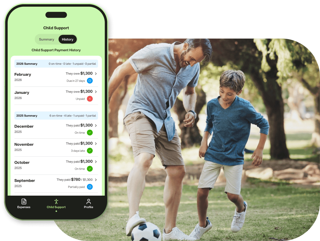 CoBalance child support payment history beside a parent and child playing soccer