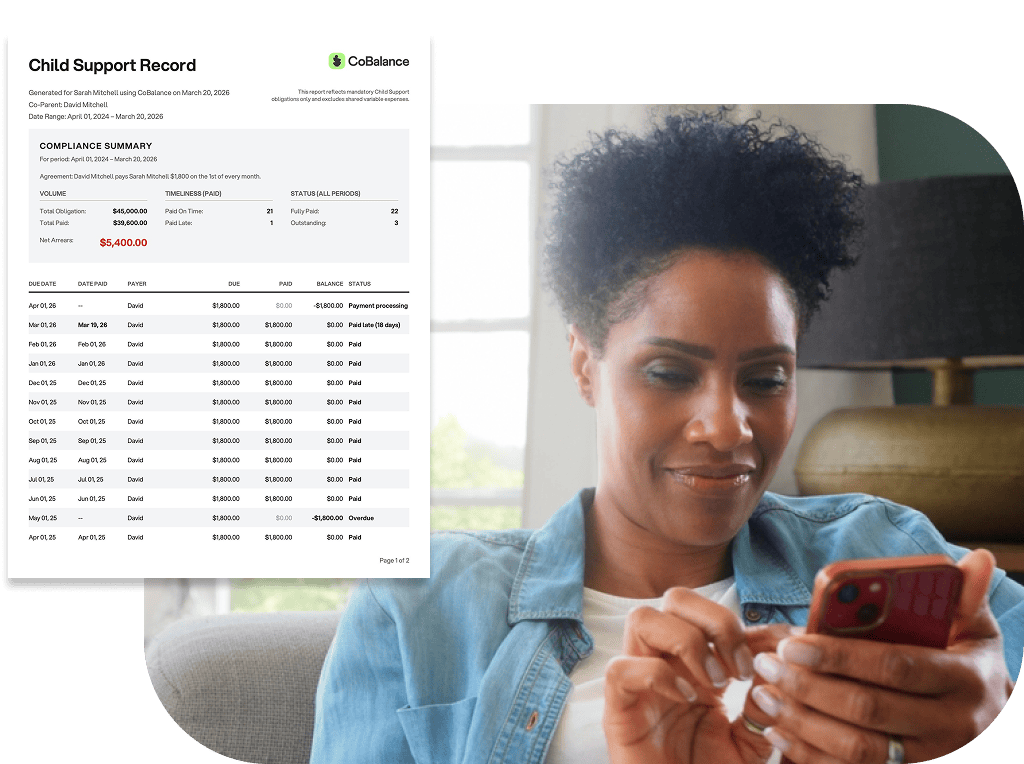 CoBalance child support PDF record beside a parent reviewing finances on her phone