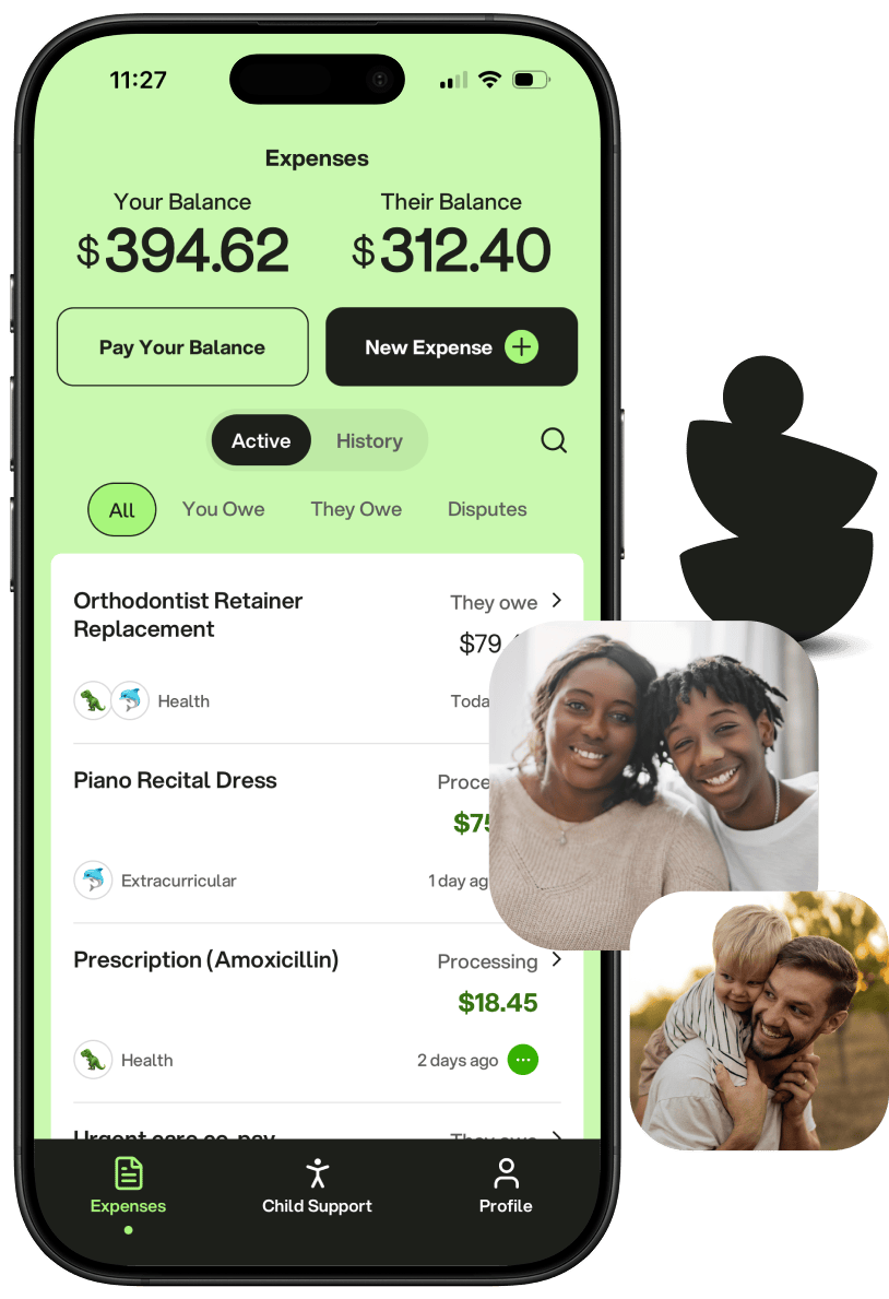CoBalance app showing a shared co-parenting expense ledger, alongside family photos