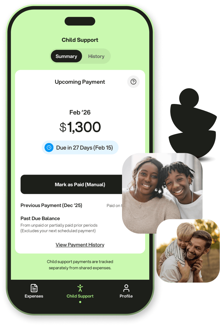 CoBalance app showing an upcoming child support payment, alongside family photos