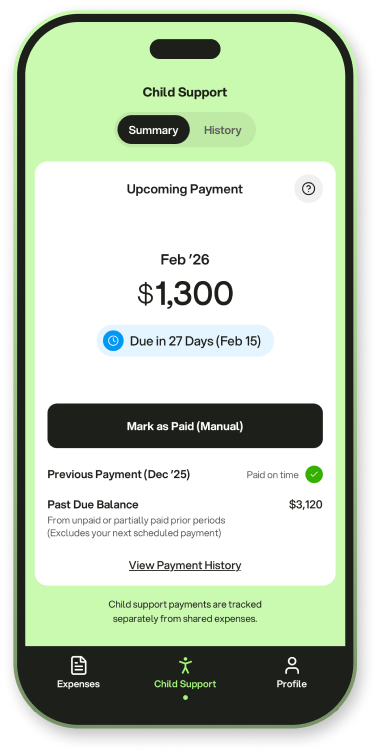 CoBalance child support tracking screen on a phone